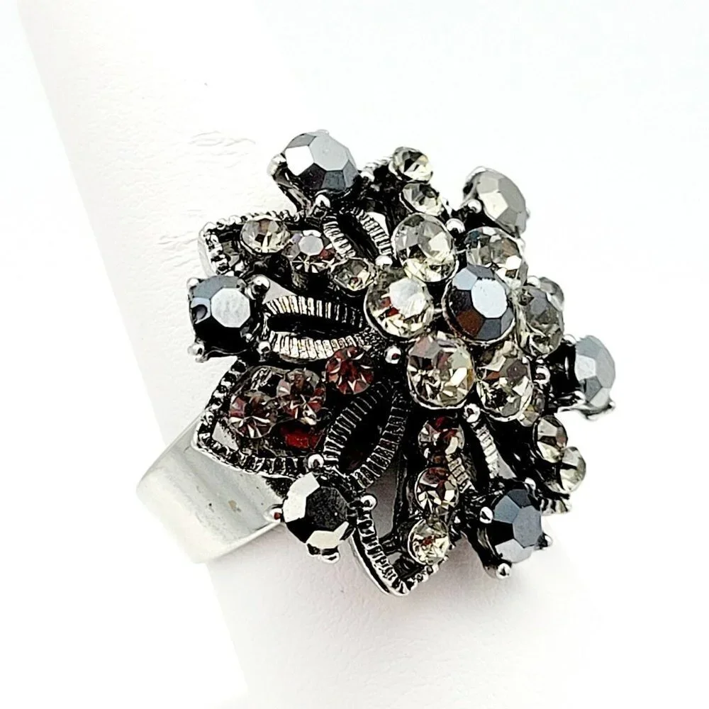 Rhinestone Burst Bypass Ring Adjustable One Size Silver Tone Smoky Stones EUC